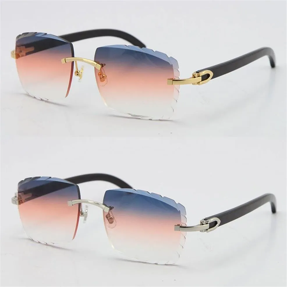 Satış 3524012 Rimless orijinal siyah bufalo boynuz güneş gözlüğü oyma lens unisex sürüş camları c dekorasyon altın metal çerçeve e306c