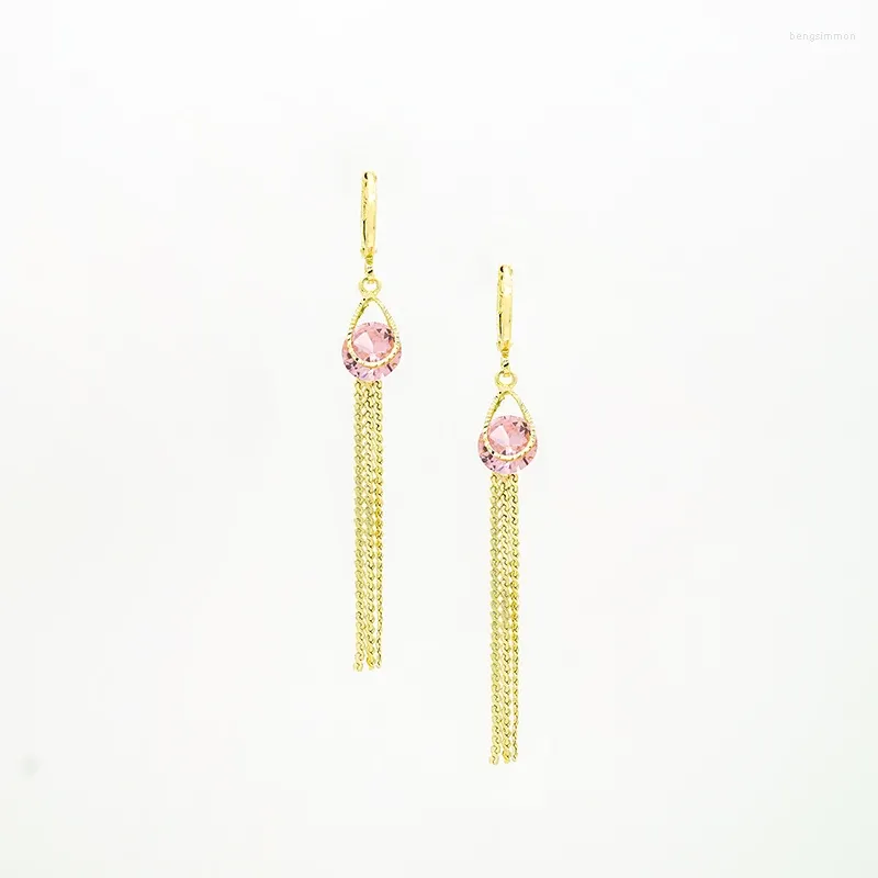 Hoop Earrings Designer Brass Fashion Jewelry Tassel Teardrop Micro Pink Zirconia 14K Gold Plated For Women