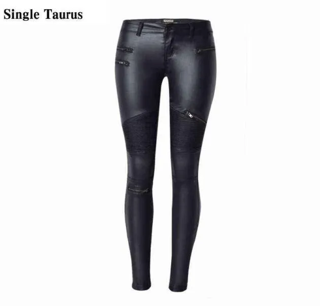 Europe America Moto Birker PU Jeans Women Fashion Zipper Low Waist