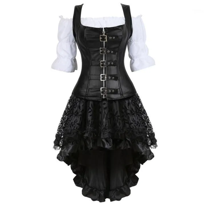 Bustiers corsets plus taille 6xl robe corset Steampunk pour femmes en cuir à trois piés avec jupe et chemise Renaissance Gothic Pira7990537