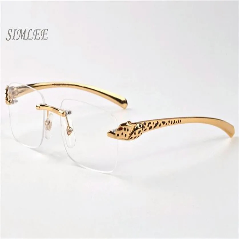 2018 Vintage Designer Solglasögon för män Kvinnor Rimless Buffalo Horn Glasses Gold Leopard Frames Billiga solglasögon Womens Eyeglasses337J