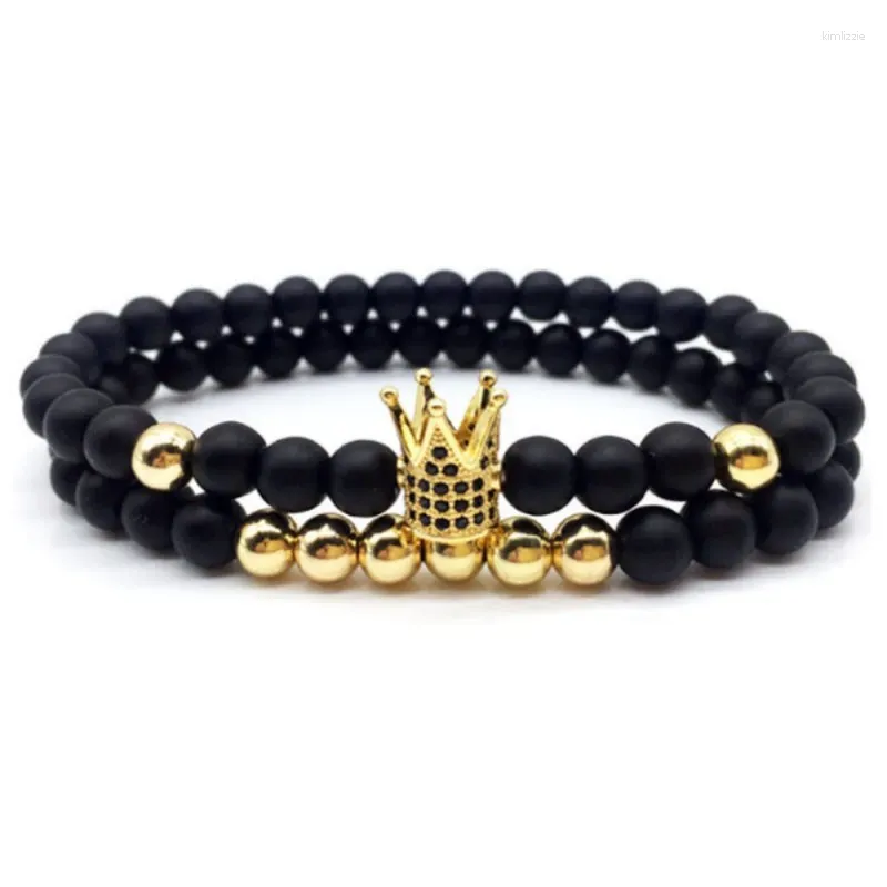 Strand 2st/Lot Natural Stone 6mm Beads Matte Black Golden Crown Armband Shiny Zircon Pave CZ Armband For Menwomen Classics Jewelry