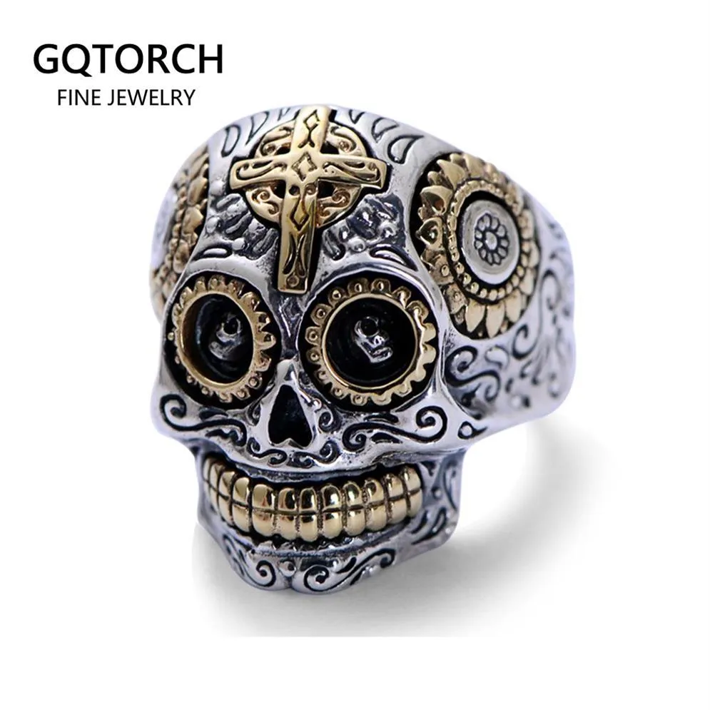 Real sólido 925 Sterling Silver Sugar Skull Rings For Men Anéis mexicanos Retro Color Gold Cross Sun Flower Punk Jewelry J01308N