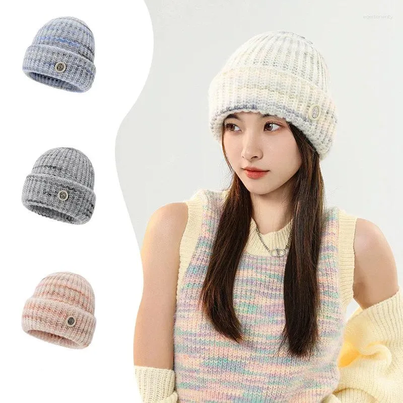 Berets Gradient Color Stripe Round Button Knitted Hat Autumn Winter Colored Wool Ear Protection Cap Women Face-Looking Small Warm