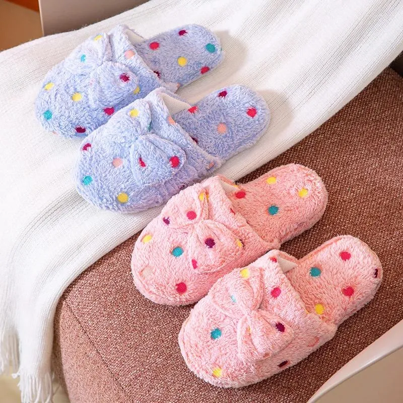 Slippers Female Cute Living Room Shoes Women's Bow Tie Autumn Winter House Warmth Thick Plush Soft Bedroom Floor Flip-flops