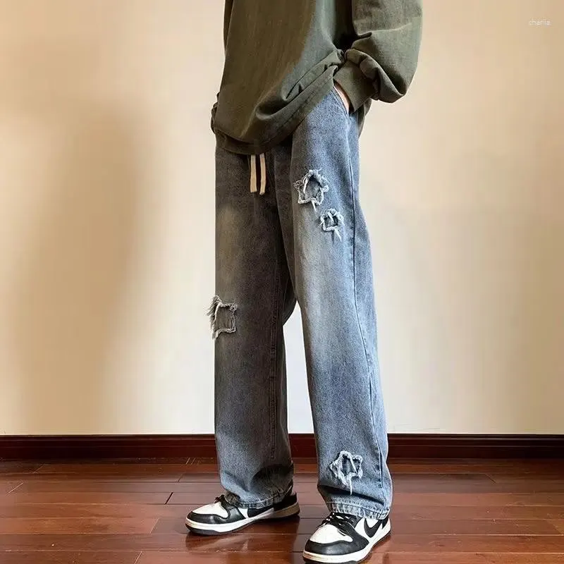 Herr jeans amerikanska high street baggy rak löst bred ben casual denim byxor manliga byxor