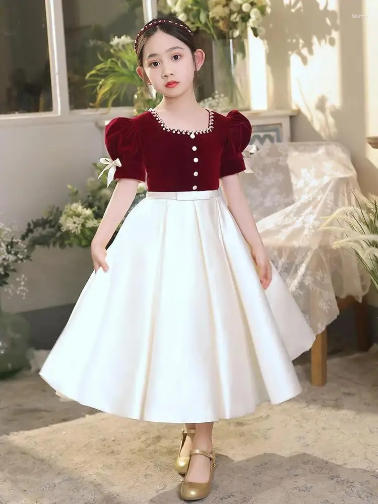 Girl Dresses 4-14Y Kids Winter Red Satin Silk Dress Embroidery Vintage Spanish Princess Ball Gown For Wedding Party Christmas Eid