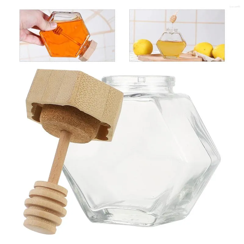 Dinnerware Sets 2 Pcs Clear Container With Lid Hexagon Honey Glass Bottle Wooden Airtight Jar Spoon