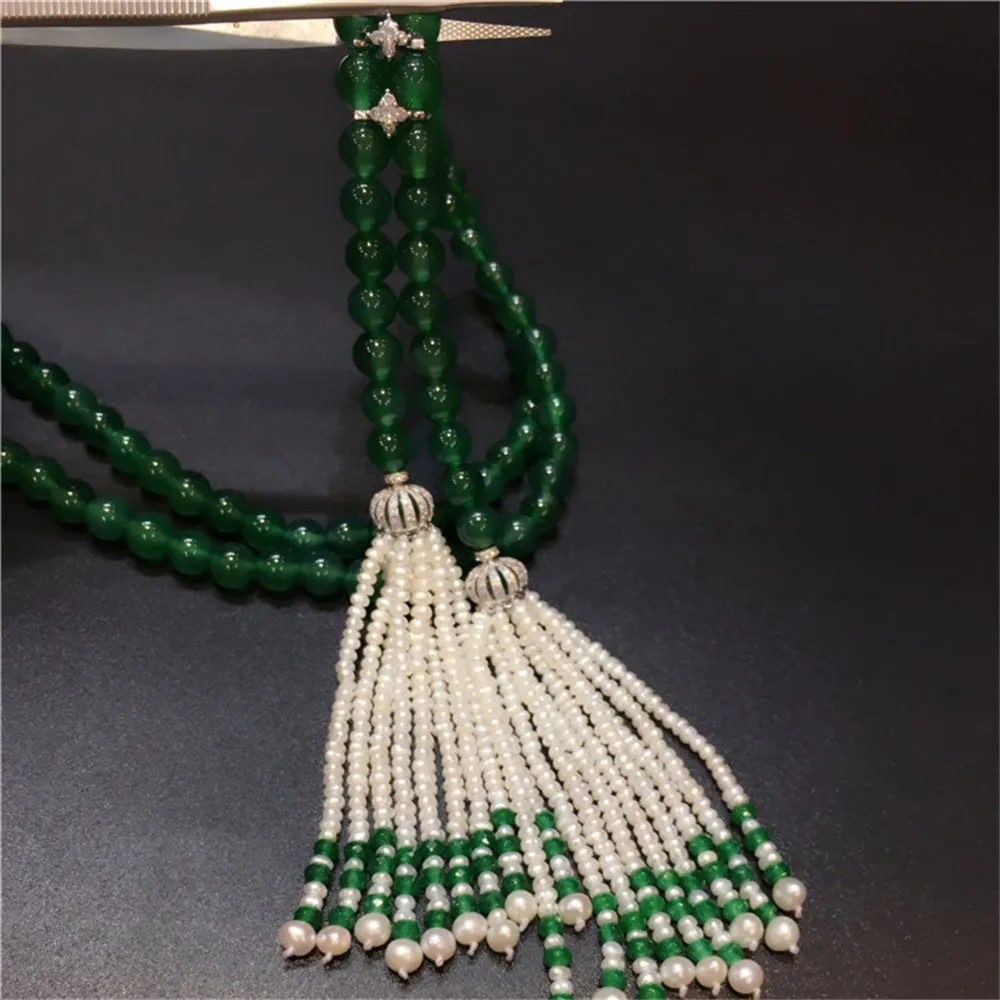 Hot sell super beautiful natural white freshwater pearl 8mm green jade tassel long sweater chain necklace 80-90cm