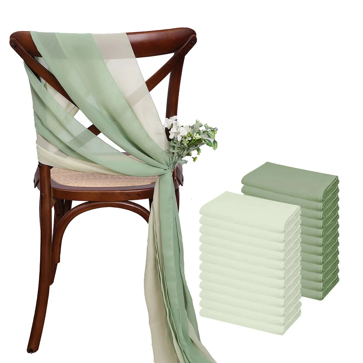 24 Pcs 17x275cm Chiffon Chair Sashes 12 Set Sage green Sash Wedding Covers Ribbon Party Aisle Decor 231222