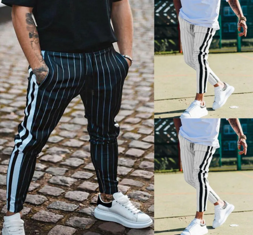 Pantalones de hombres Fashion Men Stripe informal pantalones largos delgados Sport Sport Gym Skinny Stripe Jogging Joggers Pantalones de sudor de sudor3699609