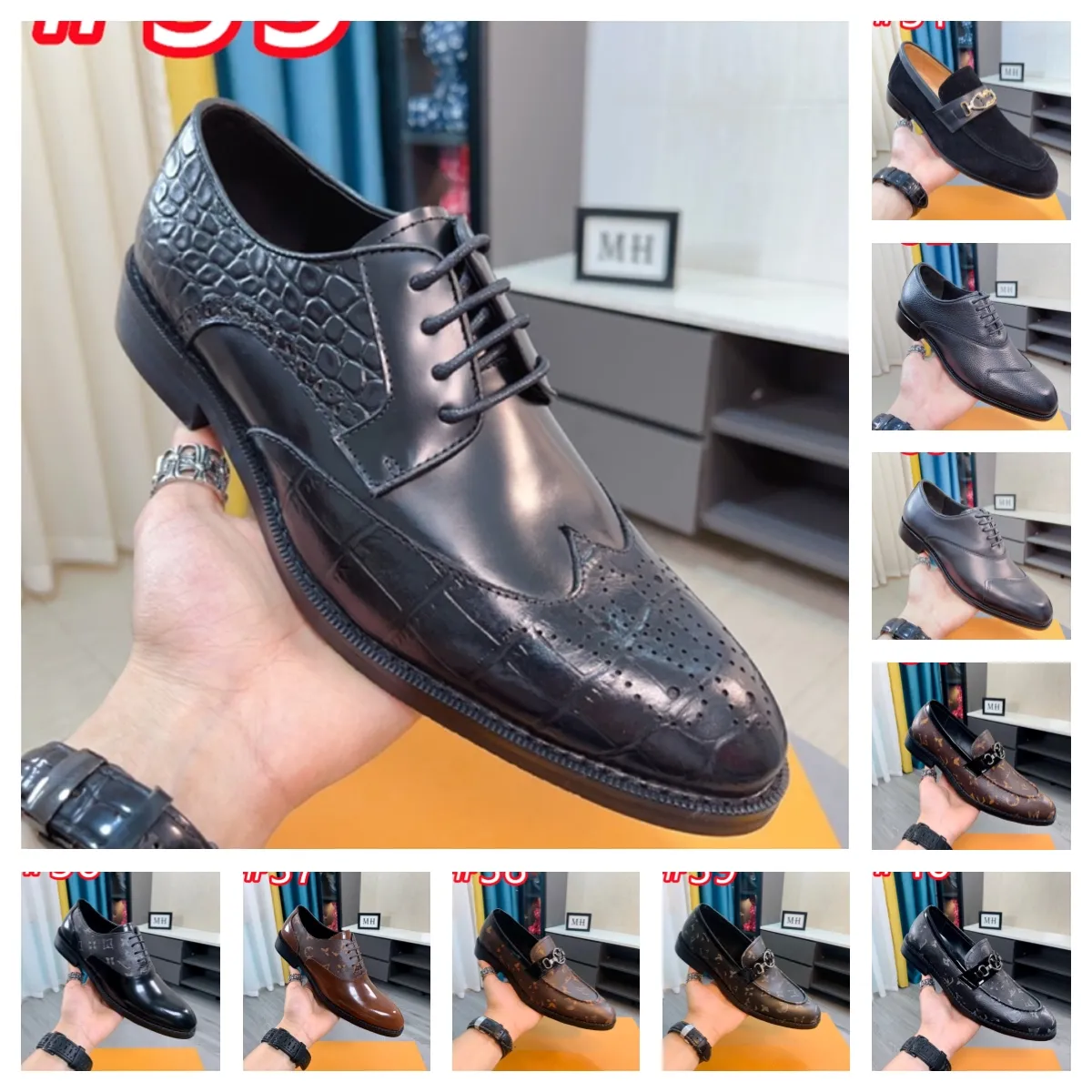 40 modell män lyxiga klassiska loafers skor fast färg krokodil mönster läder enkel spetsig tå slip-on klassisk affärsdesigner klänningskor