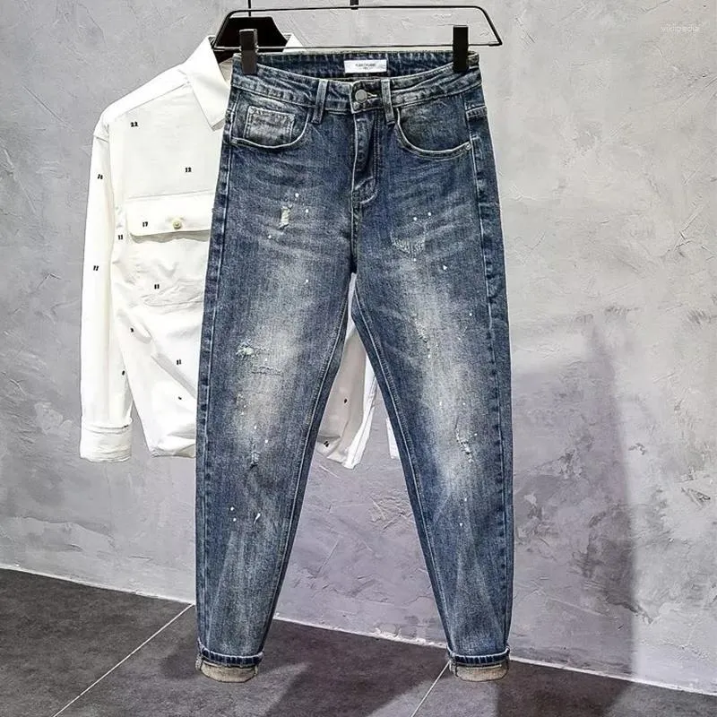 Men's Jeans Retro Washed Elastic Nine Point Straight Slim Fitting Small Feet Denim Pants Men Stretch Trousers