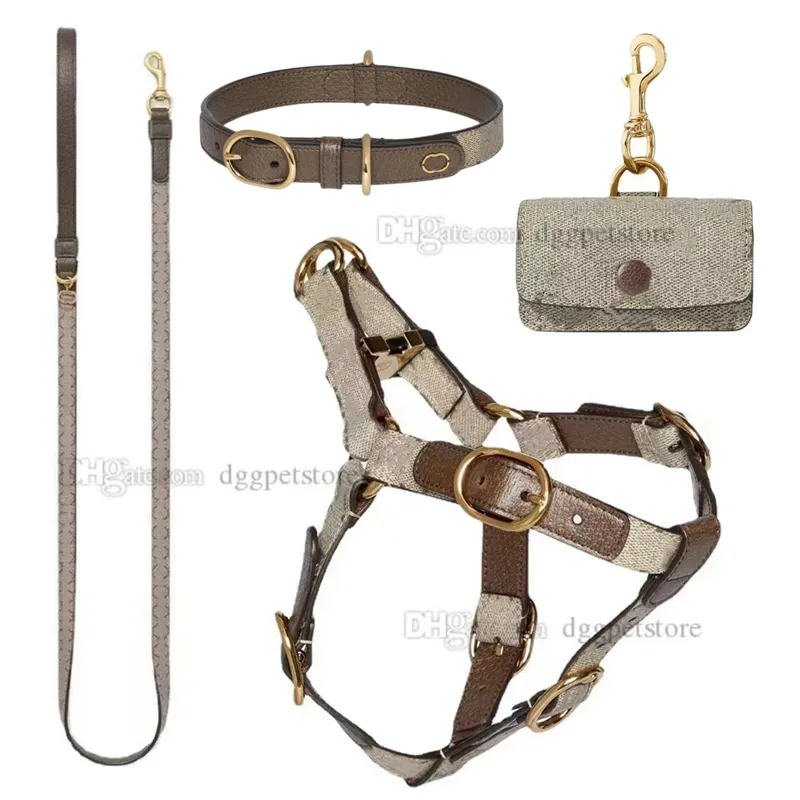 Collier de harnais de harnais de chien de créateur et laisse lettres classiques pas de traction de chien traction étape en cuir réglable doux dans le gilet de chiot marche extérieure avec un dispensateur de sac de merde M B162