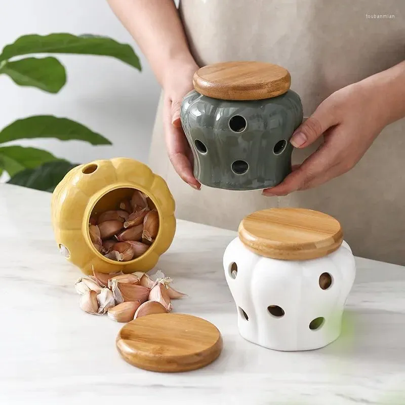 Garrafas de armazenamento jarro de alho de cerâmica de cozinha com tampa requinta
