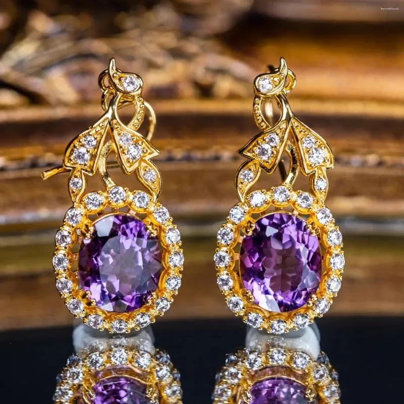 Orecchini penzolanti Nareyo francese viola 4 diamanti in stile antico e ametista di fascia alta per le donne