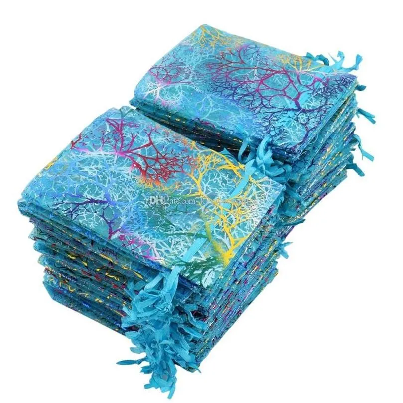 100 шт -синие коралловые сумки Organza 9x12см маленькая свадебная подарочная сумка милая конфетная упаковка мешков для шнурки 3034
