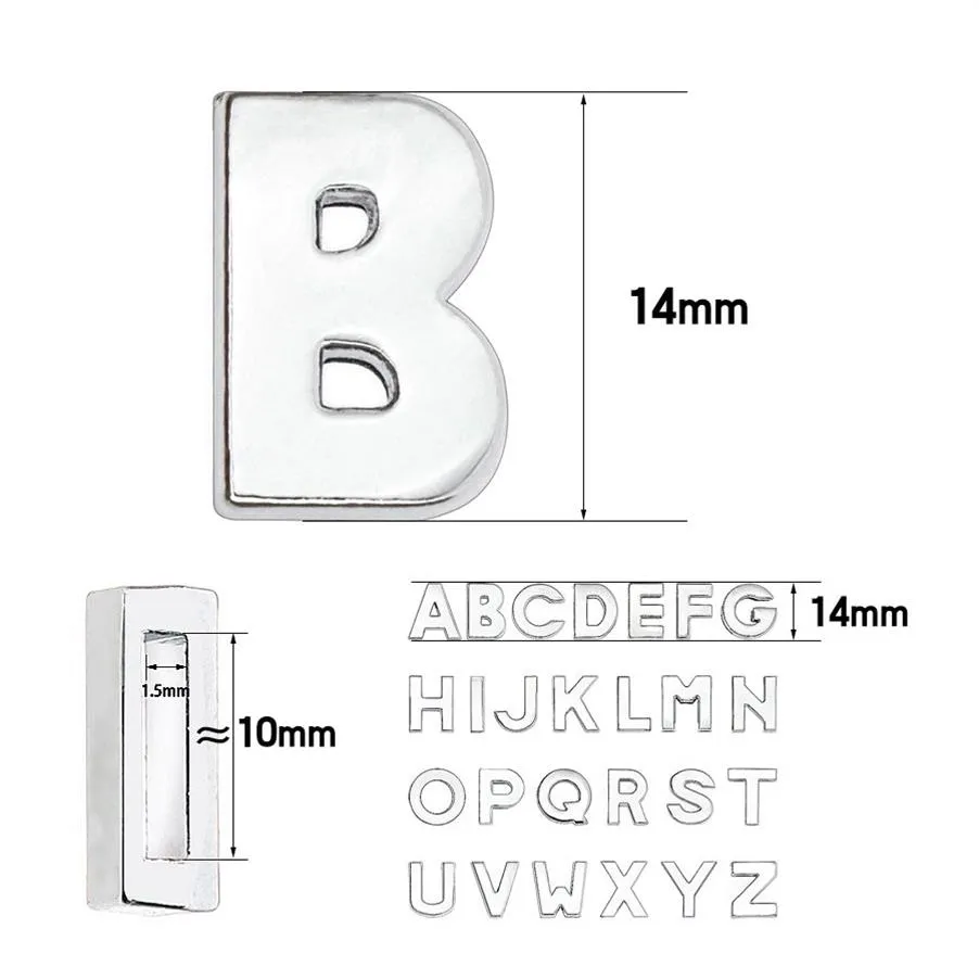 1300pc Lot 10 mm Lettre de diapositive ordinaire A-Z Color Color Chrome Charmes alphabet anglais Ajustement pour le bracelet en cuir de 10 mm 320G