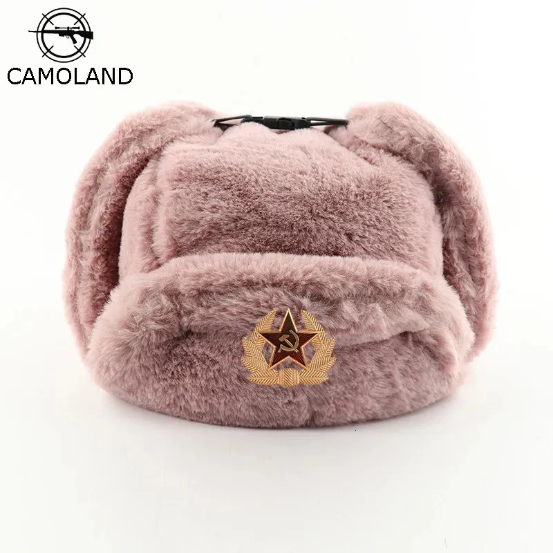 CAMOLAND Women Soviet Badge Russian Ushanka Pilot Bomber Hat Mens Faux Fur Army Military Winter Trapper Earflap Snow Caps 231222