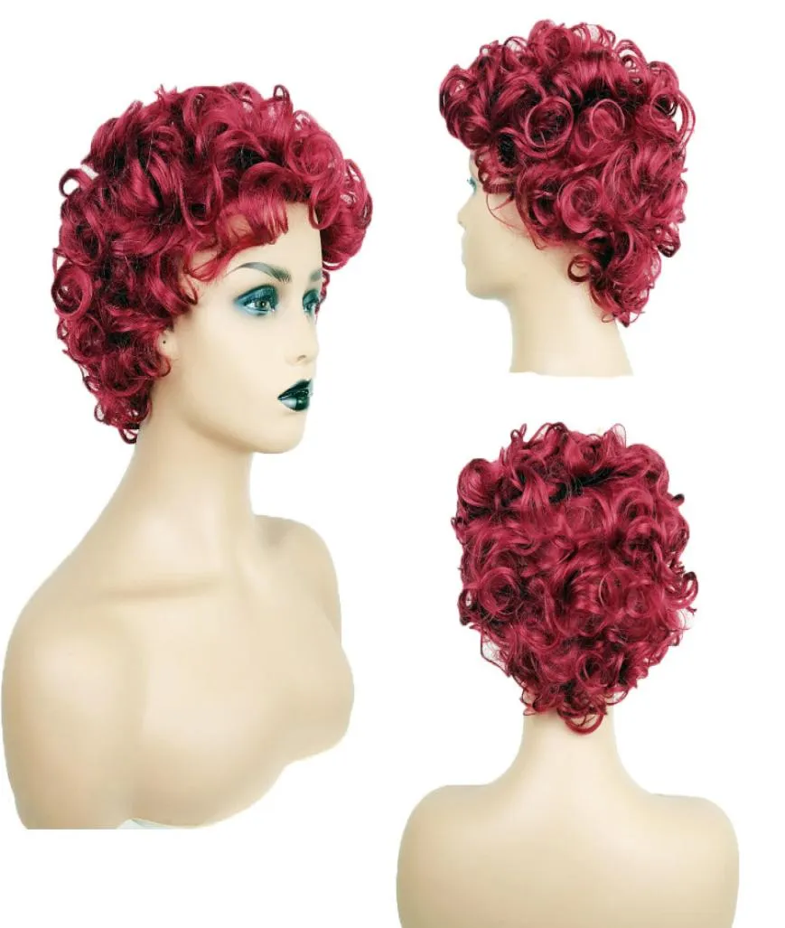 Кудрявые бордовые синтетические моделирование париков для человеческих волос волос для черно -белых женщин Perruque Blonde K451651635