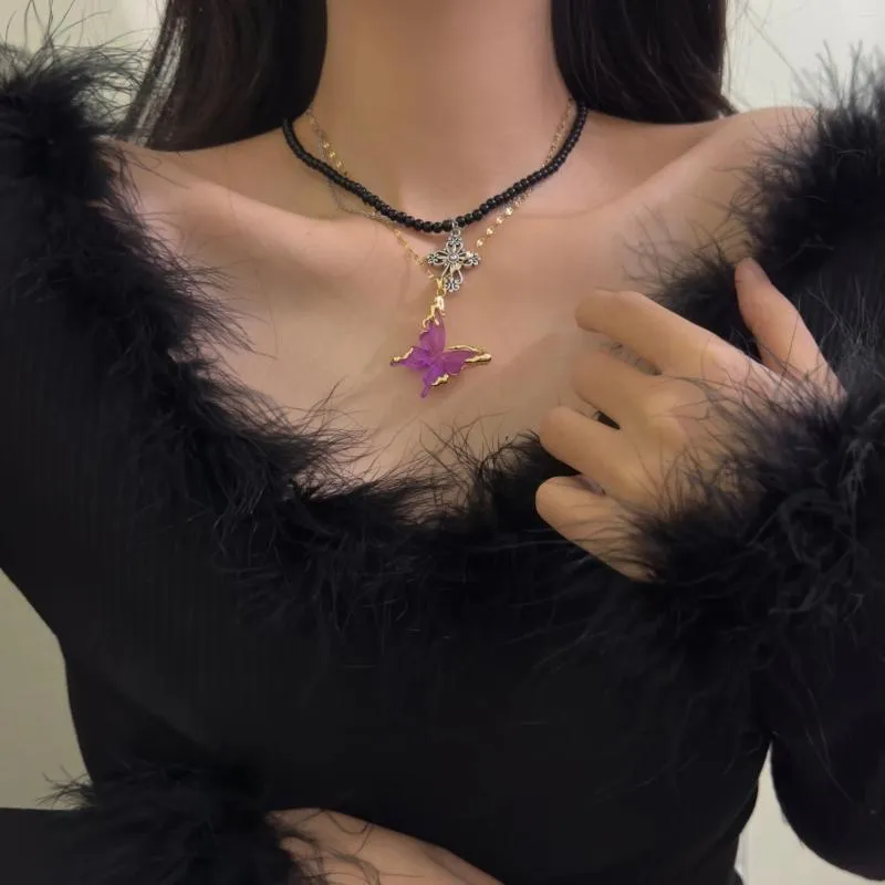 Choker Youngx Y2K Vintage Purple Crystal Butterfly Pendantネックレスタイゴシックパンククロス黒いビーズネックレス