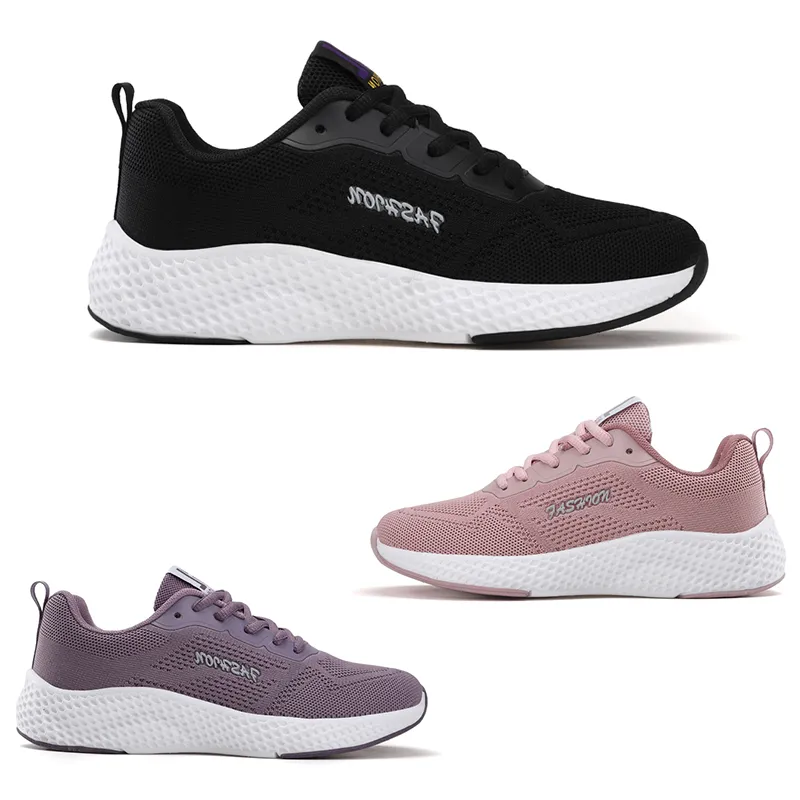 Hot Sale Women Running Shoes Mesh Lace-Up Flat Comfort Black Pink Shoes Mens Trainers Sports Sneakers Size 36-40