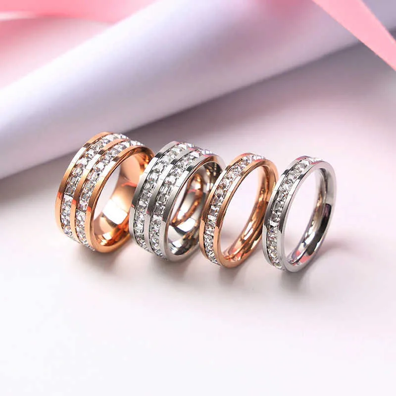 Fashionable double row diamond stainless steel men's and women's rings personalized small square diamond full diamond rose gold matching ring accessories