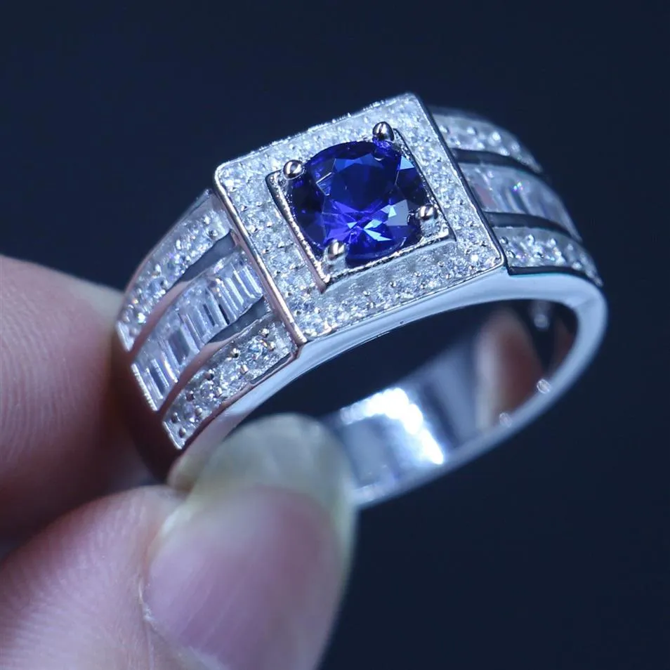 Whole Luxury Jewelry Pure Real Soild 925 Sterling Silver Blue Sapphire 5A CZ Round Cut Gemstones Wedding Men Band Ring Gift Si239S