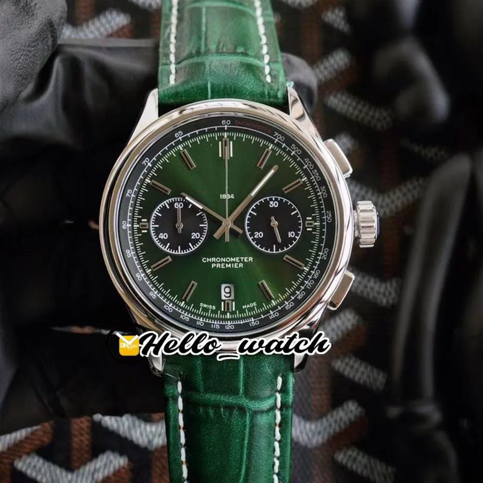 Nieuwe premier B01 Steel Case AB0118A11L1X1 VK Quartz Chronograph Mens Watch Stopwatch Green Dial Green Leather Riem horloges Hallo W295D