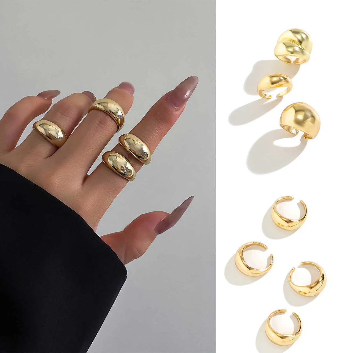 Jewelry Exaggerated Smooth Ball Open Ring Set Female INS Small Geometric Curved Hand Jewelry