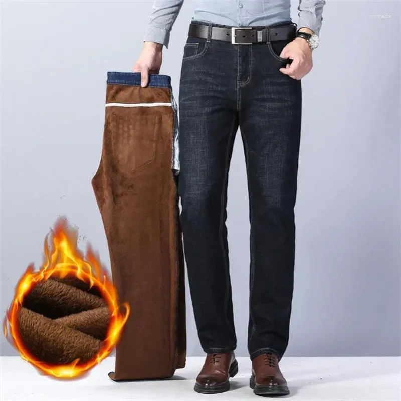 Jeans maschile inverno invernale neve calda e tratto di peluche addensare in denim pantaloni lunghi pantaloni a buste business pantaloni