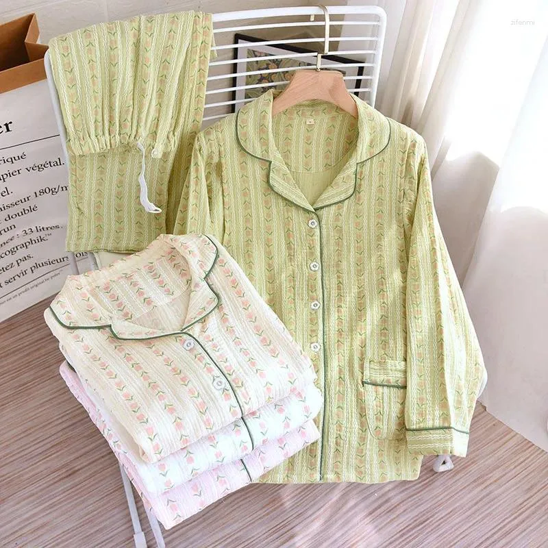 Pijama casual de colarinho de lapela feminina para mulheres usam casas de casa usam moda de algodão de algodão solto de algodão solto Spring Autumn Loungewear