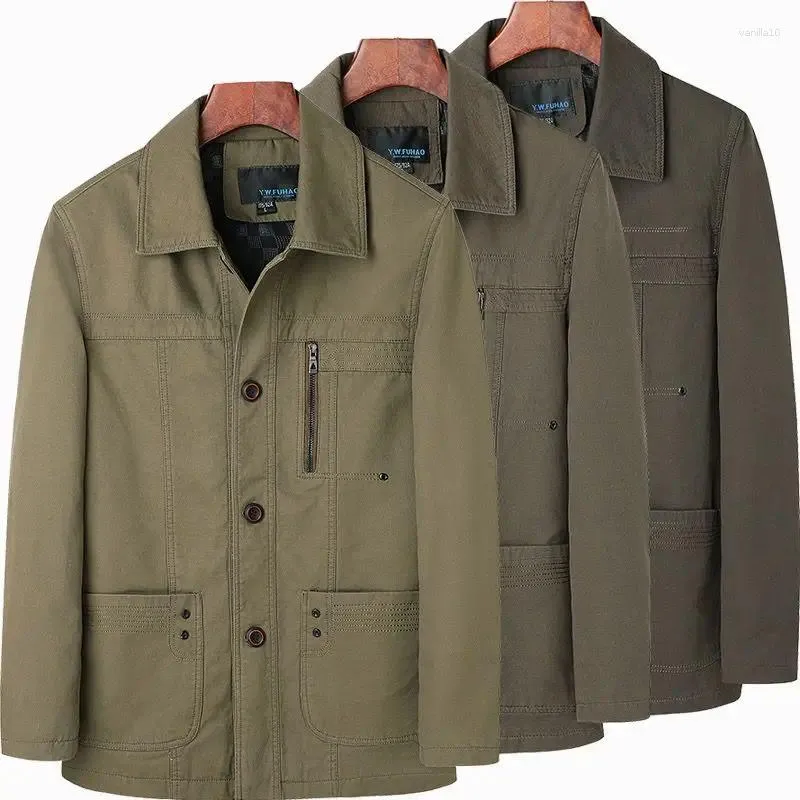 Herrjackor Autumn Winter Thick Coat Cotton Knappar Toppar TurnDown Collar Single-Breasted Long Sleeves Pockets Solid Color Jacket