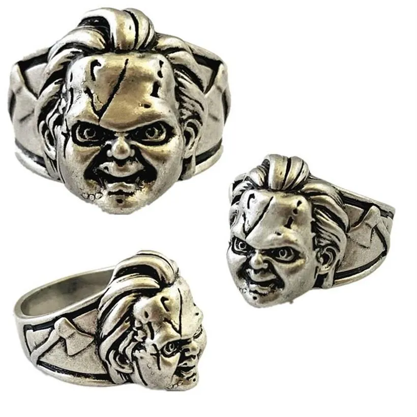TV Movies Show Original Design Quality Anime Cartoon Cosplay Horror Chucky Face Ring Gifts For Men Woman Cluster Rings2529