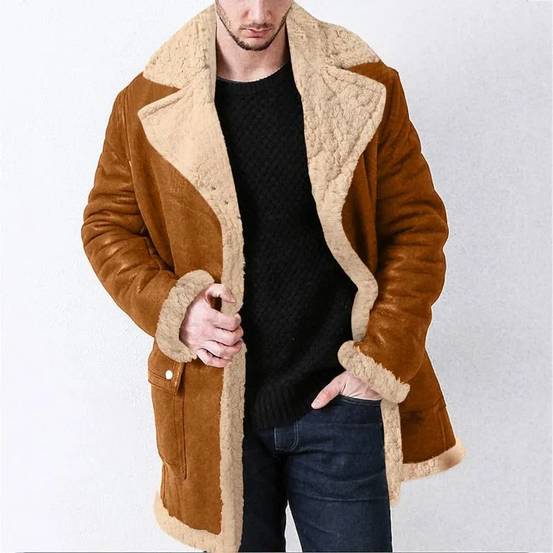 Herenjacks vintage fuzzy lederen jas mannen oversized down kraag jas winter dik warm parka vaste kleur thermisch vest overjas