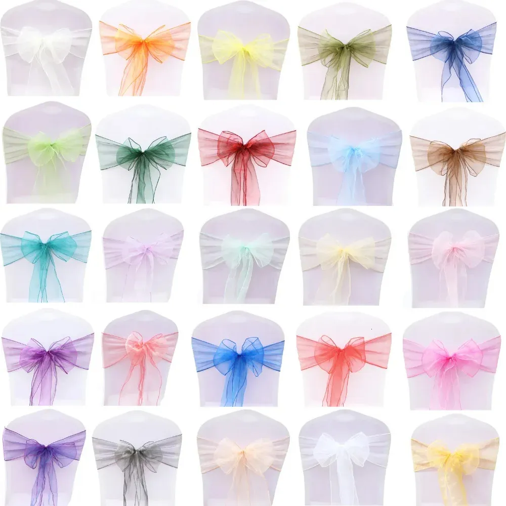 50PCLlot Sheer Ribbon Organza Wedding Decorations krzesło Katedry Knot Pasek Pokrywa Paski Bows Katedry Krzesła Dekoracja Dekoracja 231222