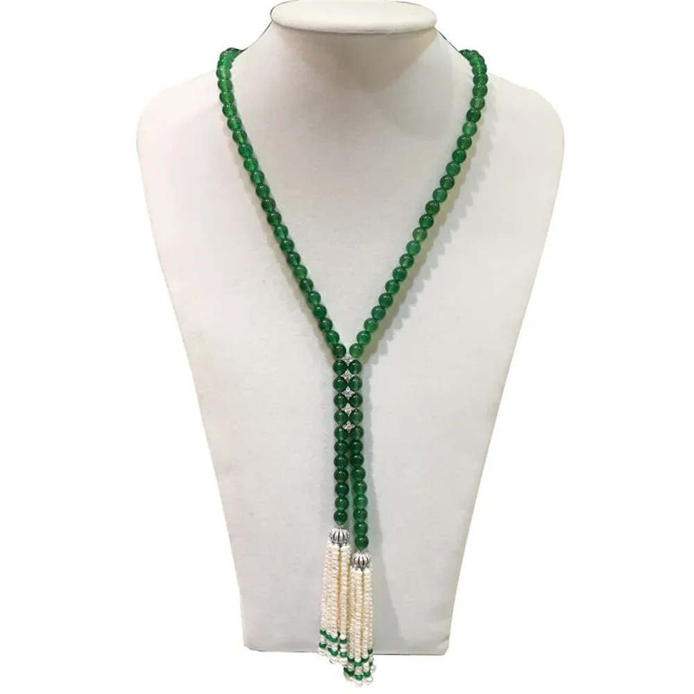 Hot sell super beautiful natural white freshwater pearl 8mm green jade tassel long sweater chain necklace 80-90cm