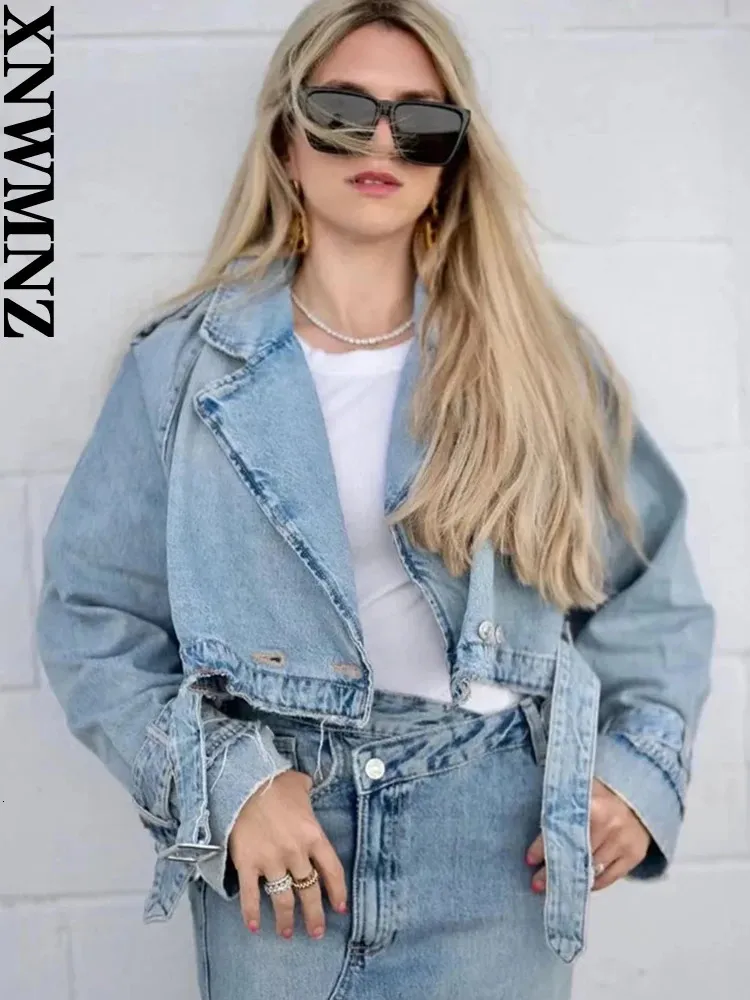 XNWMNZ Women Fashion Autumn winter Denim Trench Coat Simple Casual Short Belt Double Breasted High Street Female Jacket Top 231222
