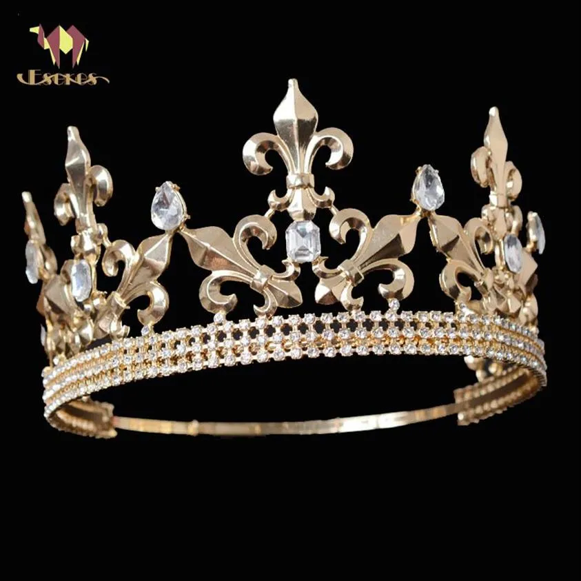 Eseres عتيقة الملك التاج للرجال الذهب الحجم الكبير دائرة قابلة للتعديل الملكي الملك تاجس الزفاف ملحقات شعر الزفاف C181120012543