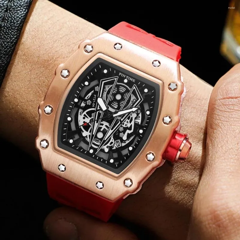 Armbandsur Pintime Men Fashion Sport Watch Chronograph Function Stopwatch Red Rubber Strap Auto Date Manlig lyx