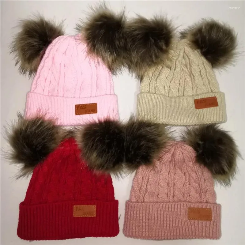 Boinas duplas pompom infantil infantil chapéu de gorro bebê bola de pêlo malha bonés de outono hap meninos de crochê meninos (vermelho)