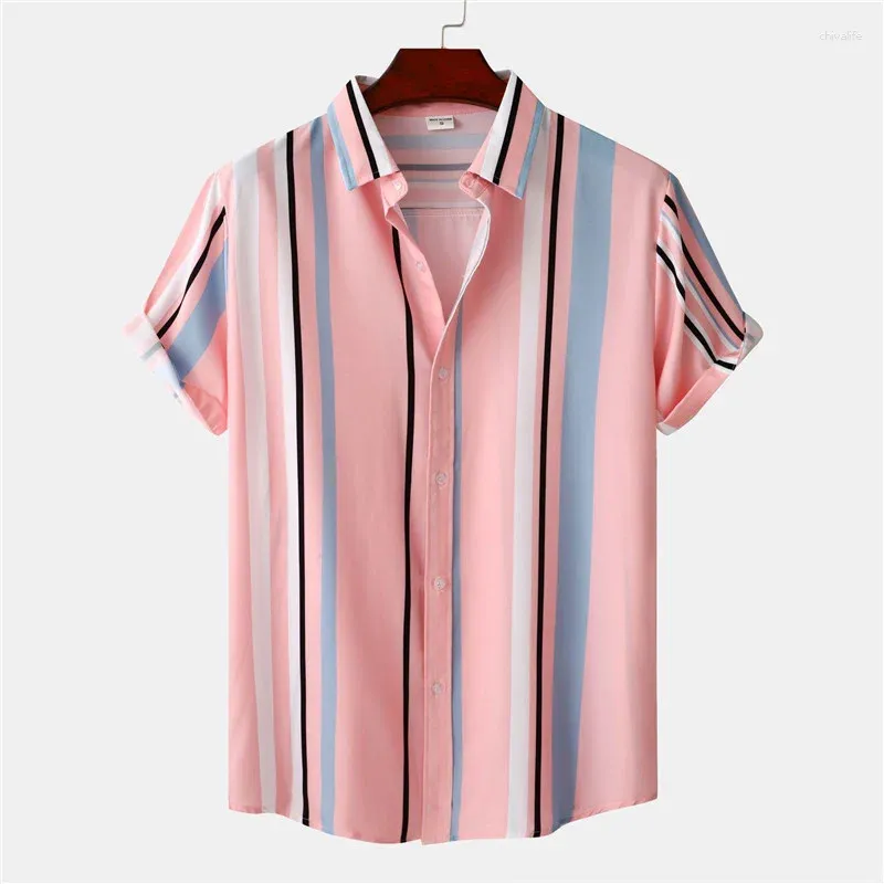 Chemises décontractées pour hommes Fashion Camises à rayures roses Camisas Hawaiana para Hombre Bouton de vacances à manches courtes à manches courtes