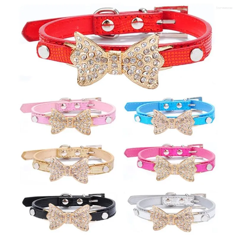 Hondenkragen Rhinestone Kleine honden Bling Crystal Bow Pu Leather Pet Collar Puppy Cats ketting Harness Leibenheid Lease Accessoires