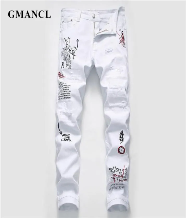 Nya män streetwear personlighet rippade tryckta vita mager jeans hip hop punk casual motorcykel stretch denim jeans byxor cx2001616050