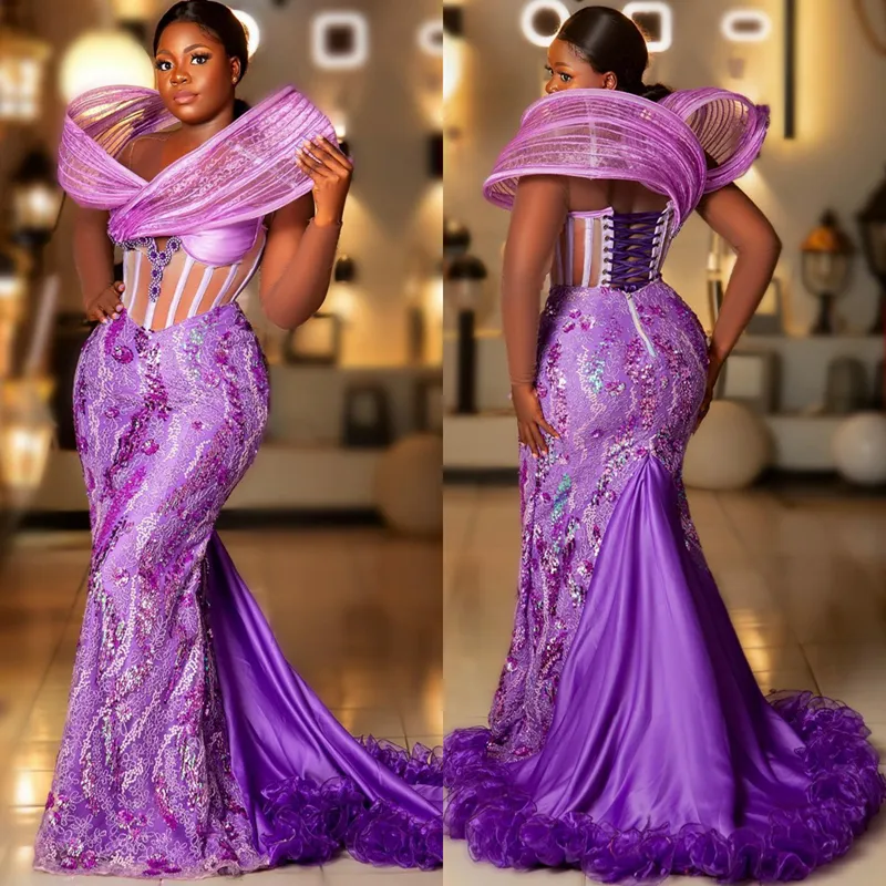 2024 Plus taille aso ebi robes de bal illusion sirène en dentelle en dentelle de soirée perle