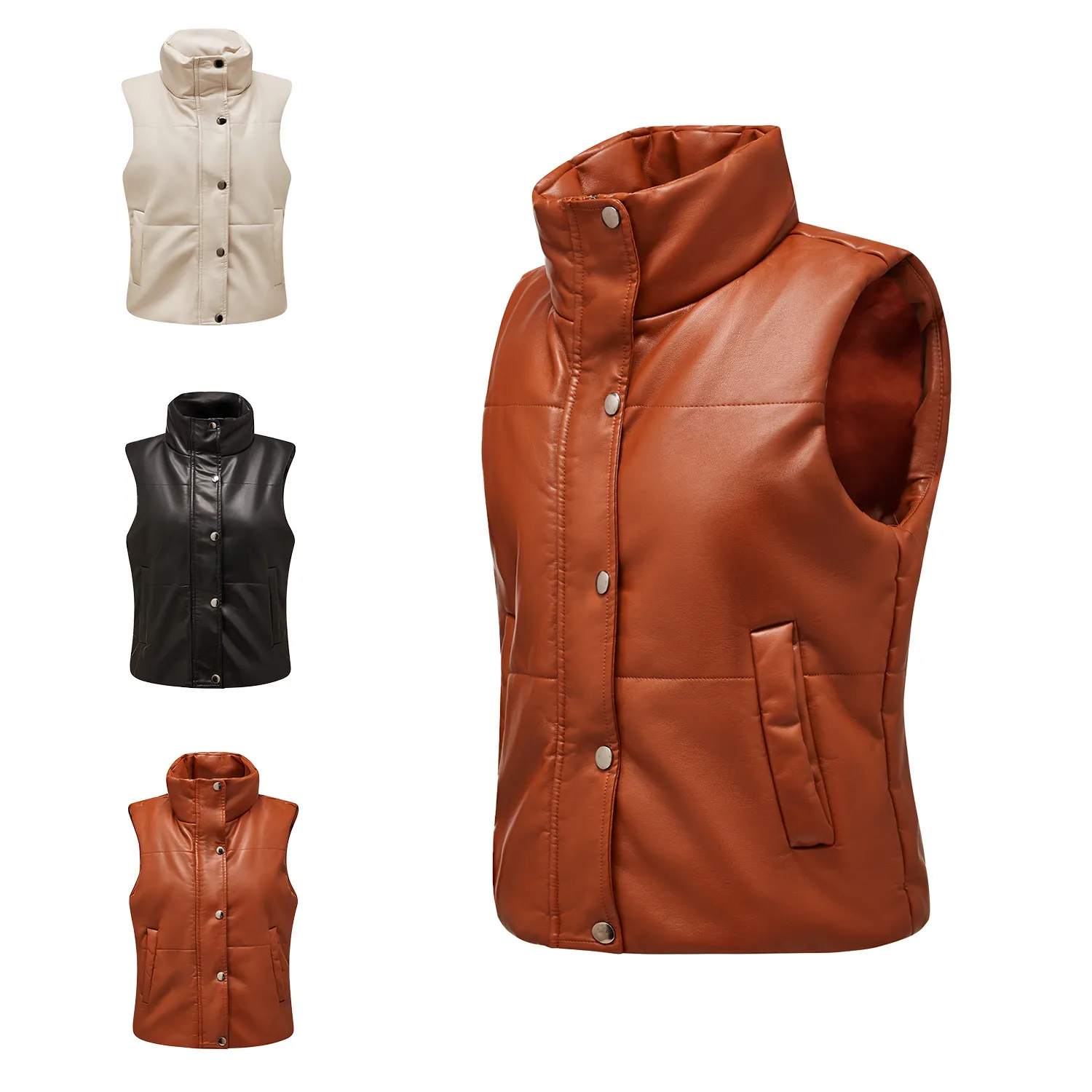 0C407M18 Autumn and Winter Women's Leather Faux Vest Sleeveless Cotton Jacket Fashionable Standing Collar Zipper Coat Solid Color Minimalist