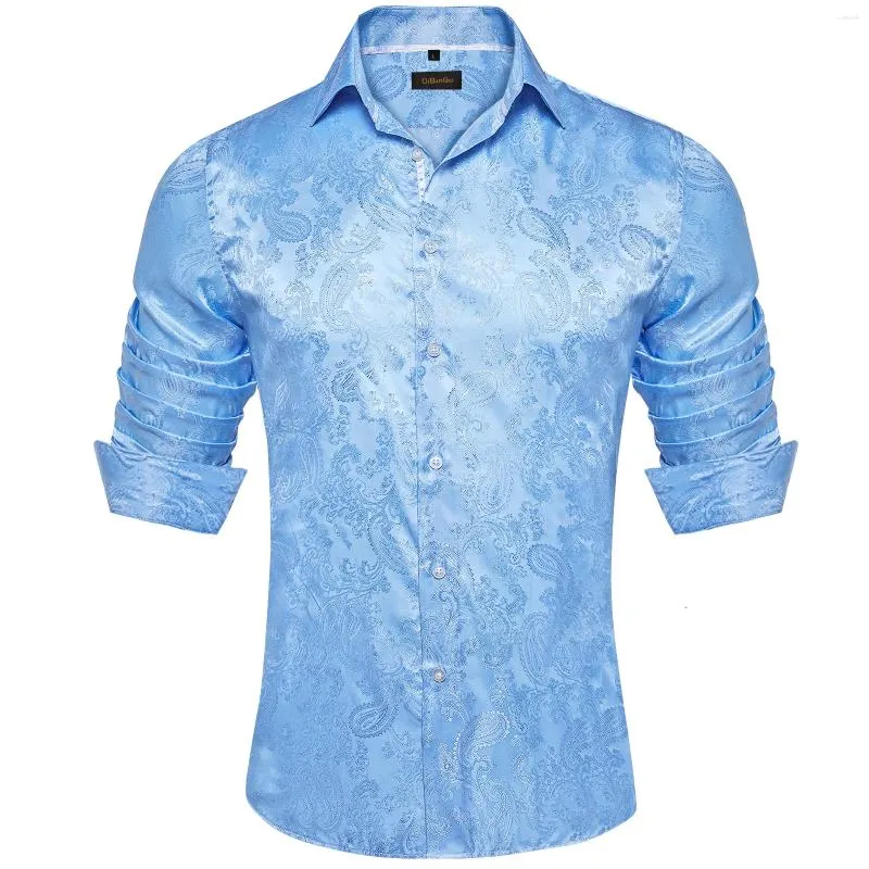 Chemises décontractées pour hommes Luxury Luxe Blue Silk Social Social Long Manche à manches longues Shirt Paisley Solid et Blouses Vêtements pour hommes