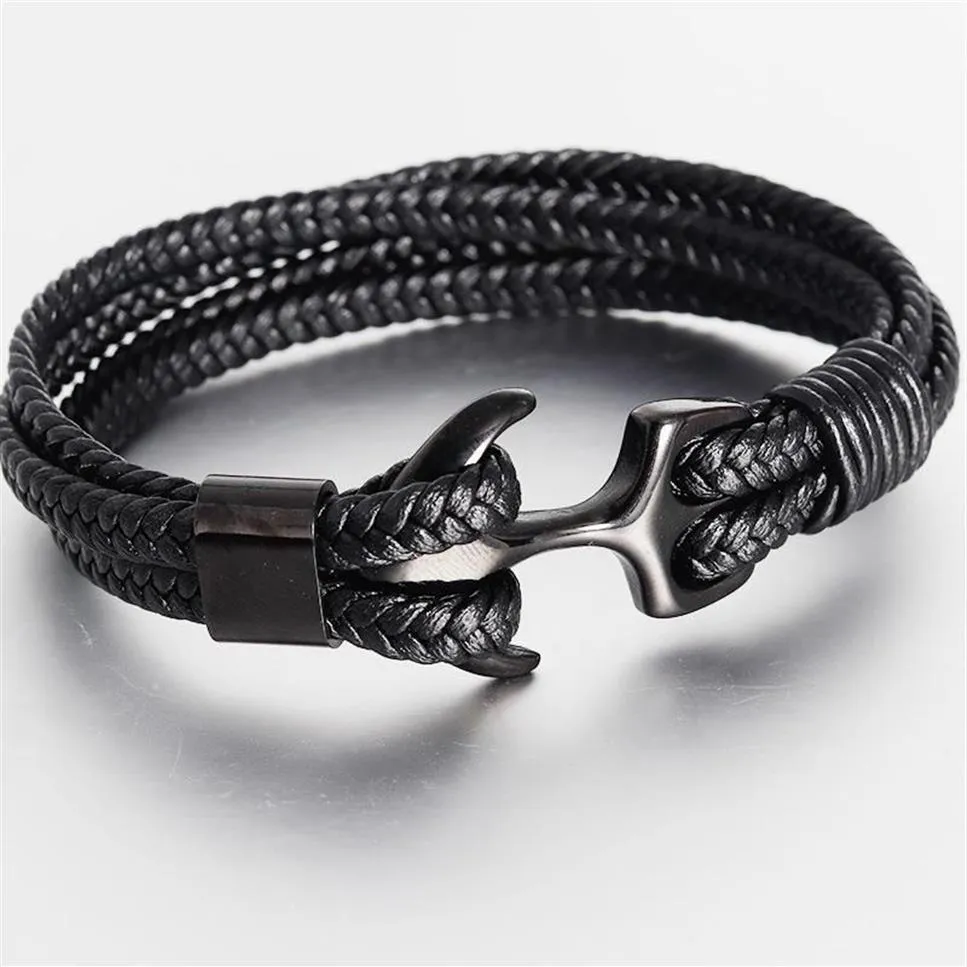 Bracciale in acciaio in acciaio in acciaio maschile di alta qualità Bracciale nero in pelle corda di ancoraggio intrecciata per uomo braccialetti di fascino regalo303h