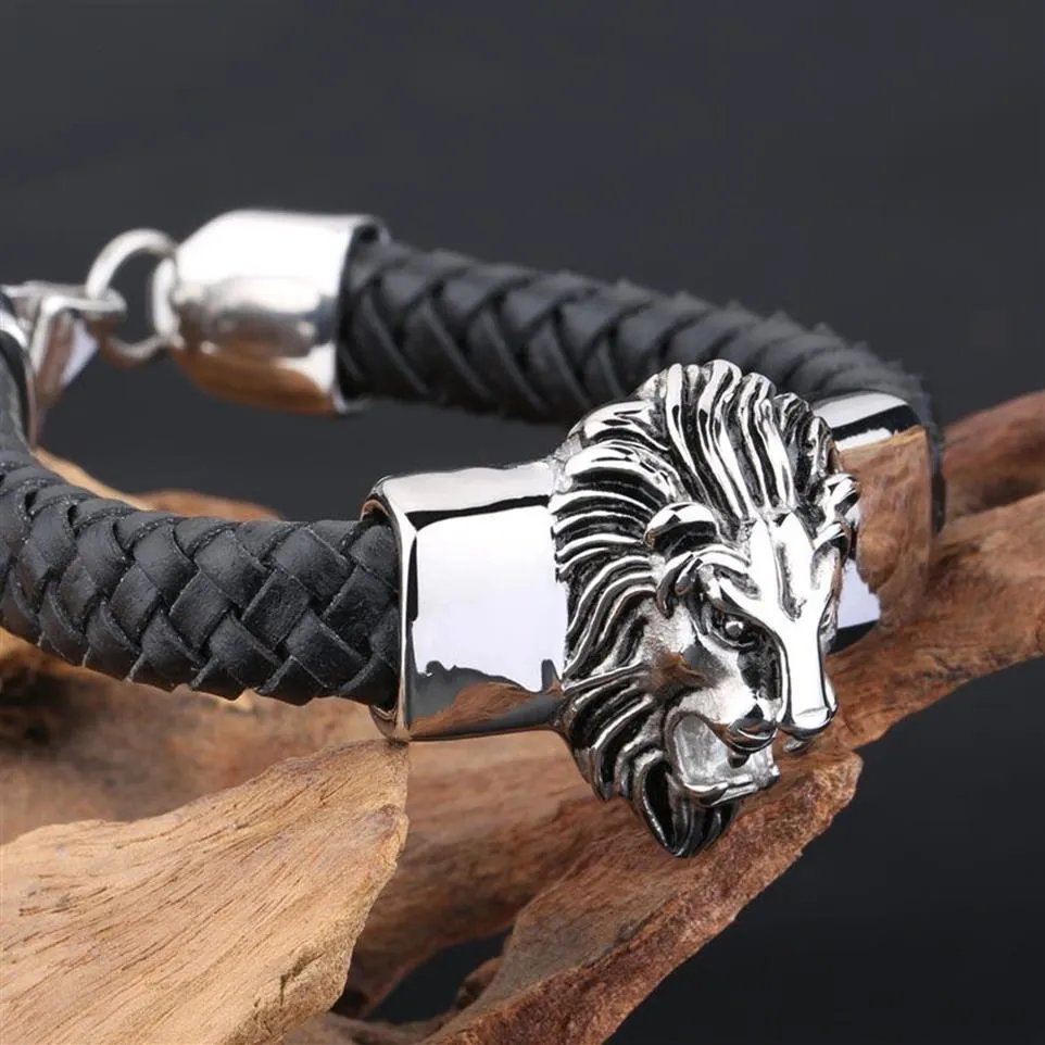 Herren Jewlery Silber Edelstahl Löwenkopf mit schwarzem Lederarmband 20mm284n