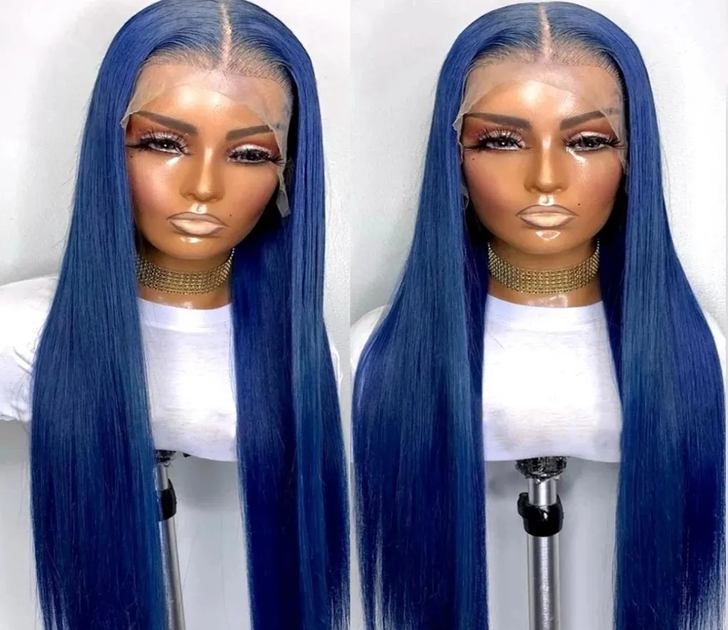Glueless Dark Blue Color Synthetic Hair Spets Front Wig For Women Slky Straight Heat Resistant Fiber Daily Wigs 180density6324128